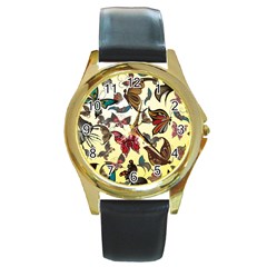 Colorful Butterflies Round Gold Metal Watch