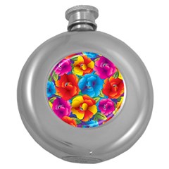 Neon Colored Floral Pattern Round Hip Flask (5 Oz)