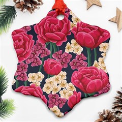 Pink Roses And Daisies Snowflake Ornament (two Sides) by allthingseveryone