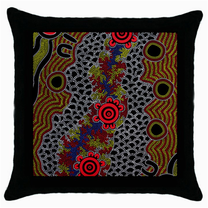 Aboriginal Art - Campsite Throw Pillow Case (Black)