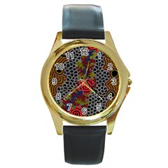 Aboriginal Art - Meeting Places Round Gold Metal Watch