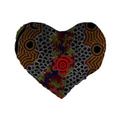 Aboriginal Art - Meeting Places Standard 16  Premium Flano Heart Shape Cushions by hogartharts