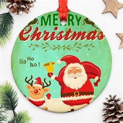 Vintage Merry Christmas Daning Santa And Reindeer Round Ornament (two Sides) by allthingseveryone