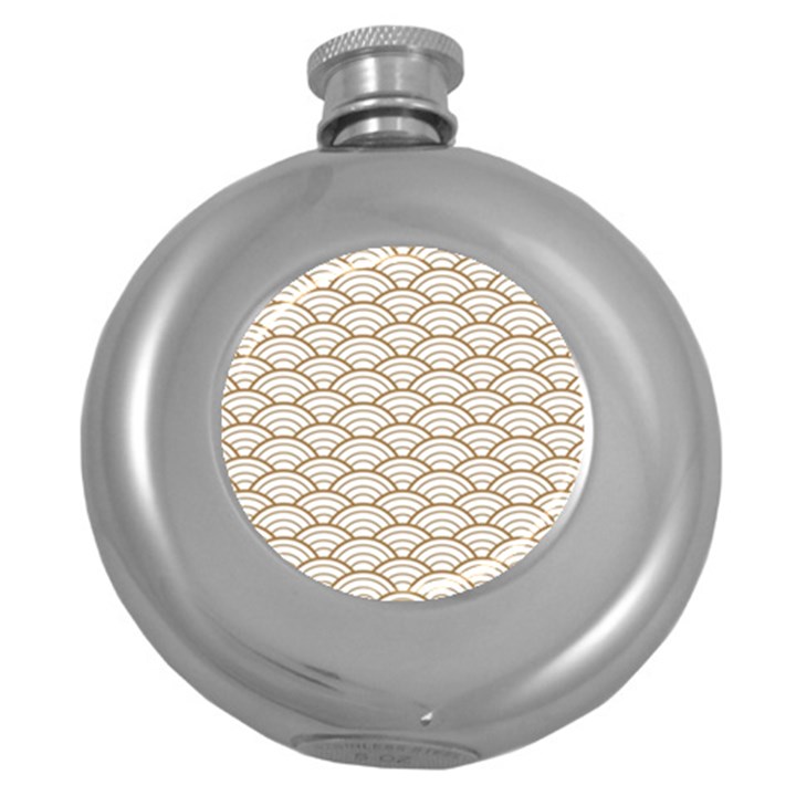 art deco,japanese fan pattern, gold,white,vintage,chic,elegant,beautiful,shell pattern, modern,trendy Round Hip Flask (5 oz)