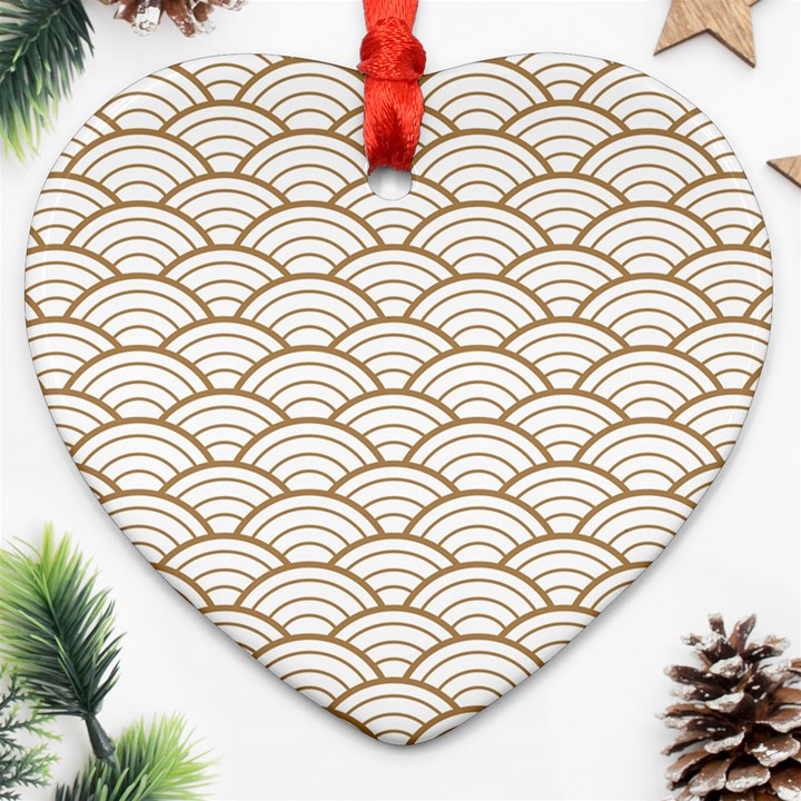 art deco,japanese fan pattern, gold,white,vintage,chic,elegant,beautiful,shell pattern, modern,trendy Heart Ornament (Two Sides)