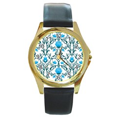 Art Nouveau, Art Deco, Floral,vintage,blue,green,white,beautiful,elegant,chic,modern,trendy,belle Époque Round Gold Metal Watch by NouveauDesign