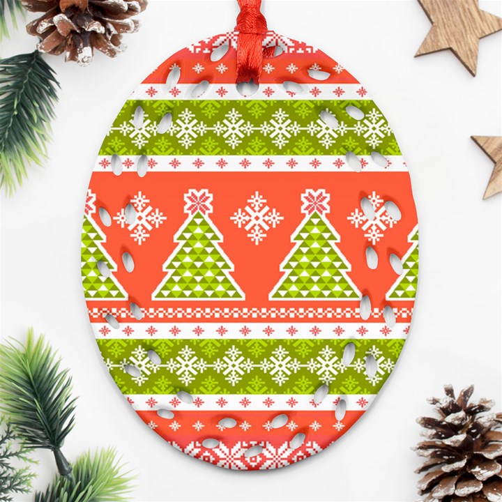 Christmas Tree Ugly Sweater Pattern Ornament (Oval Filigree)