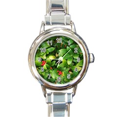 Christmas Season Floral Green Red Skimmia Flower Round Italian Charm Watch by yoursparklingshop