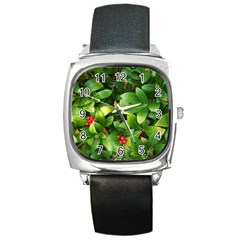 Christmas Season Floral Green Red Skimmia Flower Square Metal Watch by yoursparklingshop