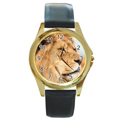 Big Male Lion Looking Right Round Gold Metal Watch by Ucco