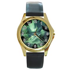 Northern Lights In The Forest Round Gold Metal Watch by Ucco