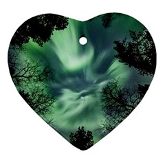 Northern Lights In The Forest Heart Ornament (two Sides) by Ucco