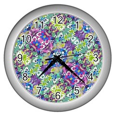 Colorful Modern Floral Print Wall Clocks (silver)  by dflcprints