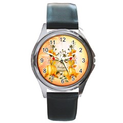 Happy Thanksgiving With Pumpkin Round Metal Watch by FantasyWorld7