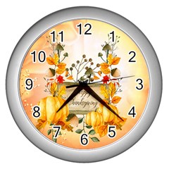 Happy Thanksgiving With Pumpkin Wall Clocks (silver)  by FantasyWorld7