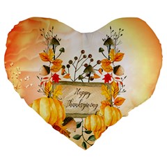 Happy Thanksgiving With Pumpkin Large 19  Premium Flano Heart Shape Cushions by FantasyWorld7