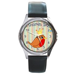 Bird Christmas Card Blue Modern Round Metal Watch by Celenk