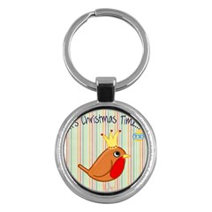 Bird Christmas Card Blue Modern Key Chains (round)  by Celenk