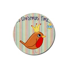 Bird Christmas Card Blue Modern Rubber Round Coaster (4 Pack)  by Celenk