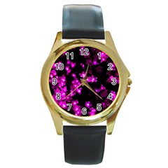 Abstract Background Purple Bright Round Gold Metal Watch by Celenk