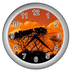 Trees Branches Sunset Sky Clouds Wall Clocks (silver)  by Celenk