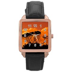 Trees Branches Sunset Sky Clouds Rose Gold Leather Watch  by Celenk