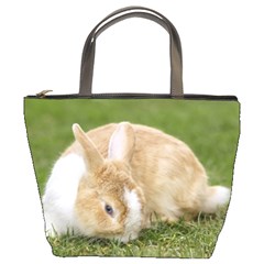 Beautiful Blue Eyed Bunny On Green Grass Bucket Bags by Ucco