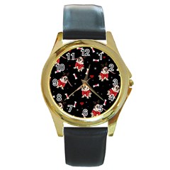 Pug Xmas Pattern Round Gold Metal Watch by Valentinaart