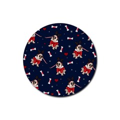 Pug Xmas Pattern Rubber Coaster (round)  by Valentinaart