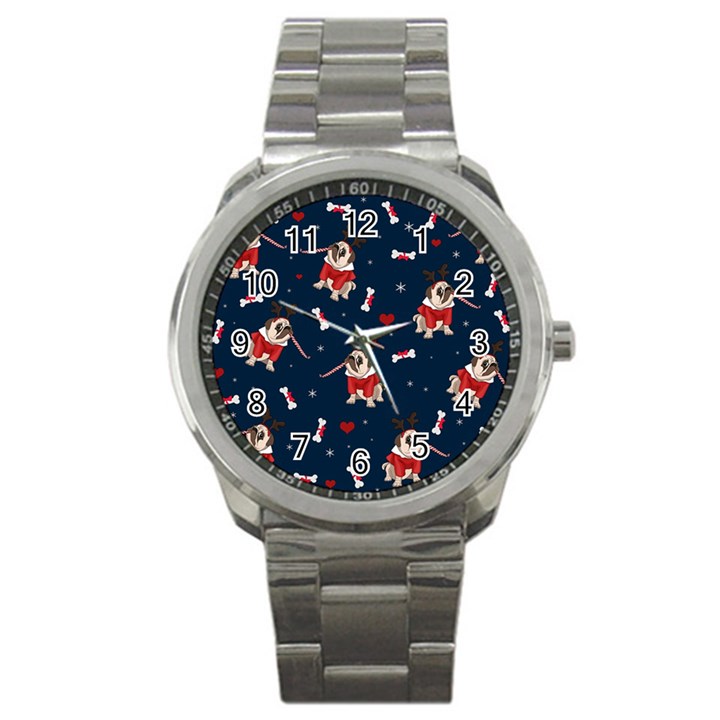 Pug Xmas Pattern Sport Metal Watch