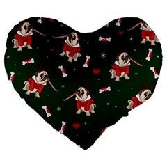 Pug Xmas Pattern Large 19  Premium Flano Heart Shape Cushions by Valentinaart