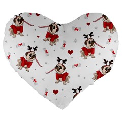 Pug Xmas Pattern Large 19  Premium Flano Heart Shape Cushions