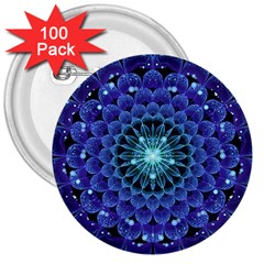 Accordant Electric Blue Fractal Flower Mandala 3  Buttons (100 Pack)  by jayaprime