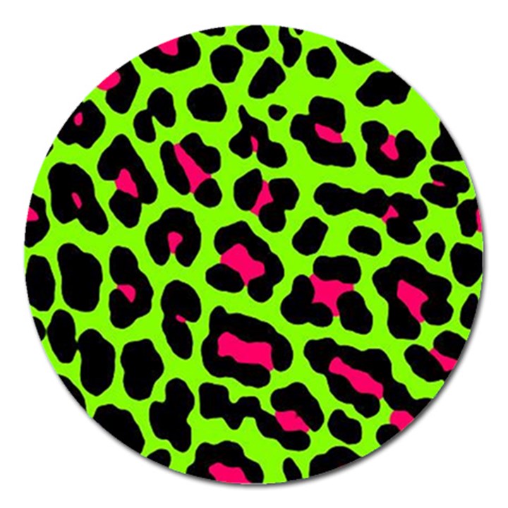 Neon Green Leopard Print Magnet 5  (Round)