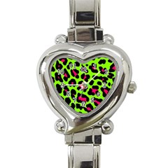 Neon Green Leopard Print Heart Italian Charm Watch