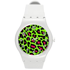 Neon Green Leopard Print Round Plastic Sport Watch (M)