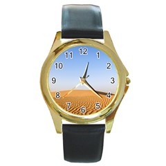 Desert Dunes With Blue Sky Round Gold Metal Watch by Ucco