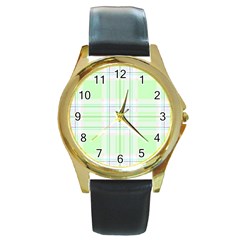 Green Pastel Plaid Round Gold Metal Watch by allthingseveryone