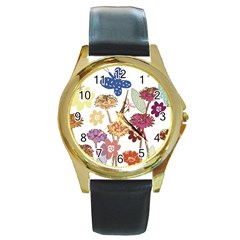 Flowers Butterflies Dragonflies Round Gold Metal Watch by Celenk