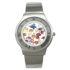 Flowers Butterflies Dragonflies Stainless Steel Watch by Celenk