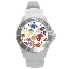 Flowers Butterflies Dragonflies Round Plastic Sport Watch (l) by Celenk