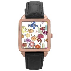 Flowers Butterflies Dragonflies Rose Gold Leather Watch  by Celenk