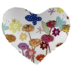 Flowers Butterflies Dragonflies Large 19  Premium Flano Heart Shape Cushions by Celenk