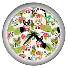 Hula Corgis Fabric Wall Clocks (silver)  by Celenk