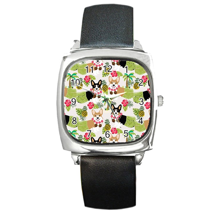 Hula Corgis Fabric Square Metal Watch