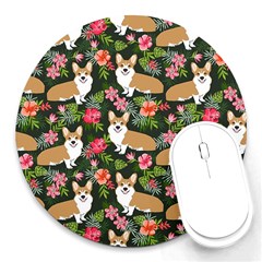 Welsh Corgi Hawaiian Pattern Florals Tropical Summer Dog Round Mousepads by Celenk