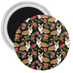 Welsh Corgi Hawaiian Pattern Florals Tropical Summer Dog 3  Magnets by Celenk