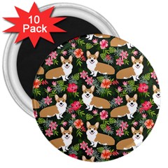 Welsh Corgi Hawaiian Pattern Florals Tropical Summer Dog 3  Magnets (10 Pack)  by Celenk