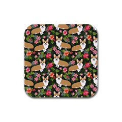 Welsh Corgi Hawaiian Pattern Florals Tropical Summer Dog Rubber Square Coaster (4 Pack)  by Celenk