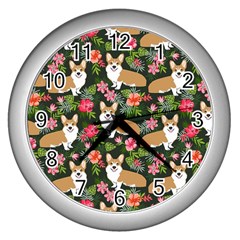 Welsh Corgi Hawaiian Pattern Florals Tropical Summer Dog Wall Clocks (silver)  by Celenk